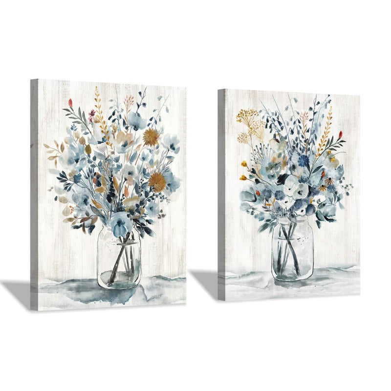 Hardy Gallery Floral Canvas Wall Art Prints: Abstract Blossom Flower Bouquet in Glass Bottle Picture Print on Canvas Small Size for Dining Room (12'' x 16'' x 2 Panels) - Image 1
